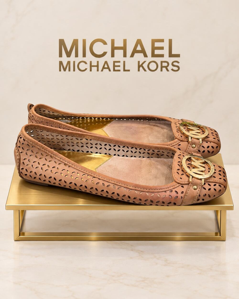 MICHAEL Michael Kors Fulton Perforated Leather Ballet Flats Tan Gold 7.5M
